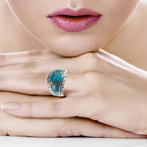 Miniatura 2 de Anillo turquesa de plata de ley 925 con piedras preciosas auténticas, tamaño 6 a 11