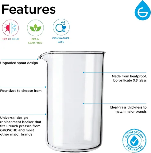 Miniatura 5 de GROSCHE Vaso universal de vidrio de repuesto para prensa francesa, jarra de vidrio de borosilicato 3.3 para café y té, resistente al calor, se