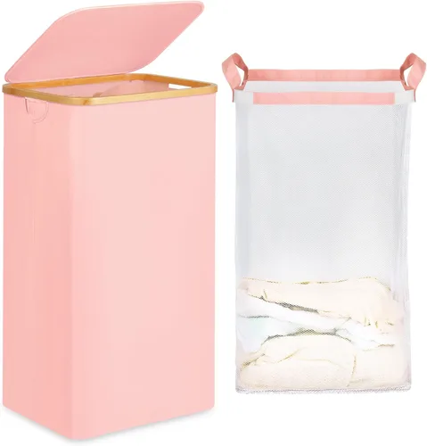 Miniatura 31 de efluky Cesta de lavandería con tapa y bolsa extraíble, cesta de lavandería de 100 litros de alto con asas de bambú, papelera estética para ropa Gris