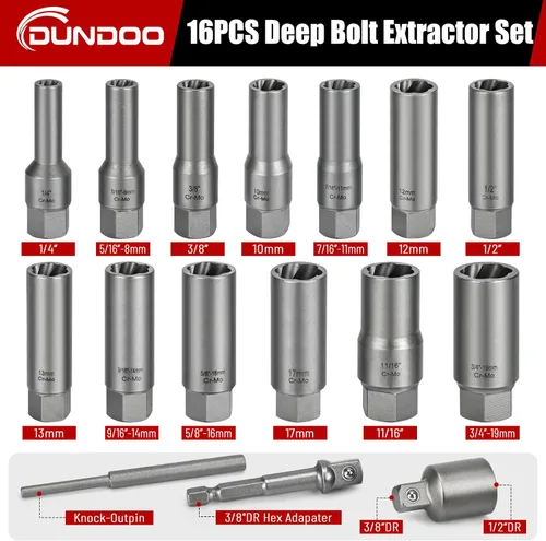 Miniatura 2 de Kit extractor de pernos de 16 piezas, juego extractor de pernos despojados, juego de extracción fácil largo y profundo, herramienta de llave de tubo