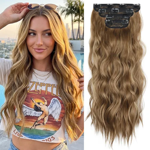 Miniatura 34 de Extensiones de cabello sintético con pinzas, largas y lacias, gruesas, extensiones de cabello natural de fibra de color rubio 613 de doble trama, 20