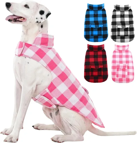 Kuoser - Abrigo de invierno para perros, chaqueta de forro polar resistente al viento, estilo británico a cuadros, chaleco para climas fríos, Rosa