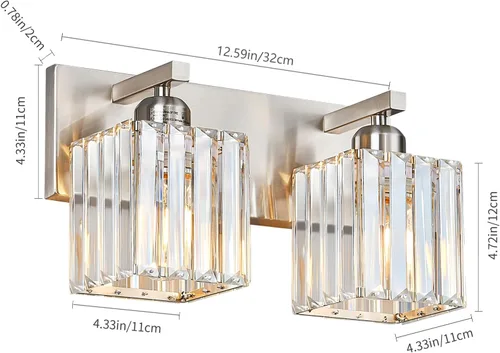 Miniatura 5 de Lámpara de tocador moderna de 2 luces de níquel cepillado, lámpara de tocador de cristal, luz de pared de baño, accesorios de iluminación de baño