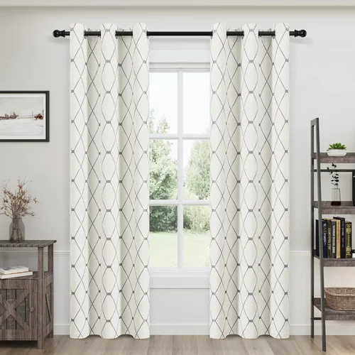 Miniatura 23 de Joywell Cortinas jacquard con ojales para sala de estar, 108 pulgadas de largo, línea ondulada negra con patrón de puntos, cortinas bordadas