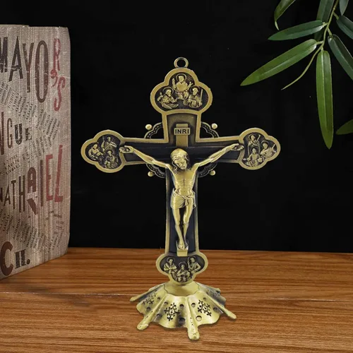 Miniatura 4 de rnuie Cruz de mesa de altar de Jesús, decoración de pared de crucifijo religioso con soporte, adorno cristiano de metal montado en la pared