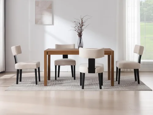 Miniatura 4 de Juego de 2 sillas de comedor de madera negra, modernas sillas tapizadas para comedor y cocina, asiento de lino beige y respaldo medio, silla