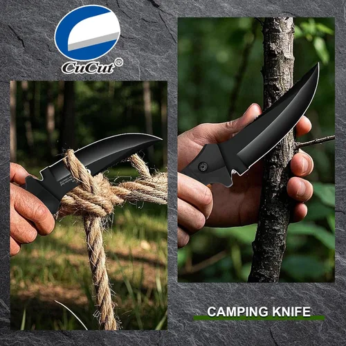Miniatura 7 de Cuchillo de hoja fija de espiga completa con funda, hoja de acero al carbono tipo media luna de 4 pulgadas, acabado antiadherente negro, cuchillo
