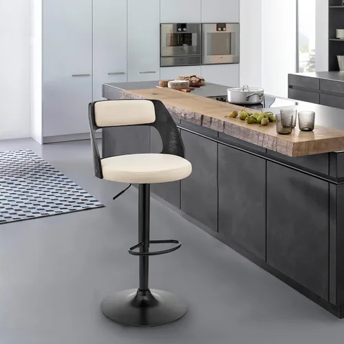 Miniatura 2 de Armen Living Paulo Taburete giratorio ajustable de piel sintética y madera negra con base negra Crema/Negro