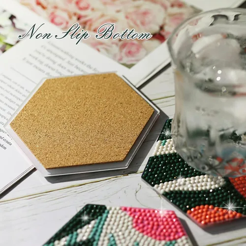 Miniatura 6 de Temlum 6 Piezas de Posavasos de Pintura de Diamantes con Soporte, Posavasos de Arte de Diamantes con Flores, Kits Pequeños de Pintura de Diamantes