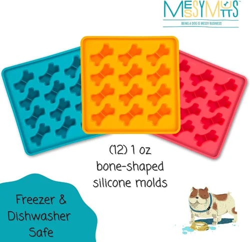 Miniatura 4 de Messy Mutts Moldes de silicona enmarcados para hacer golosinas y decoraciones Bandeja de 10 x 10 pulgadas 12 cavidades en forma de hueso Apto