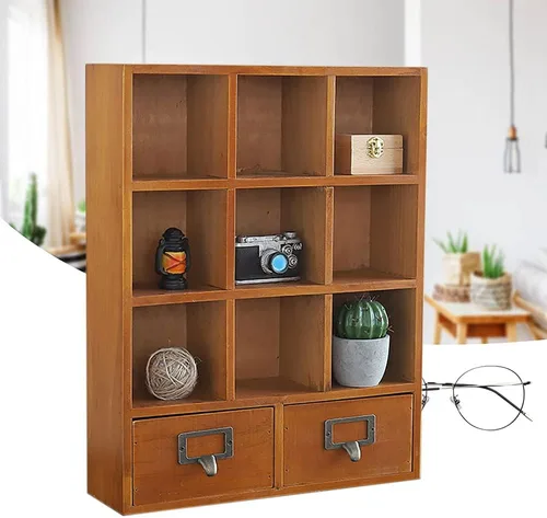 Estante de almacenamiento de 9 cubos, estantería de madera, estante flotante, armario de almacenamiento de escritorio con 2 cajones de 13.1 pulgadas