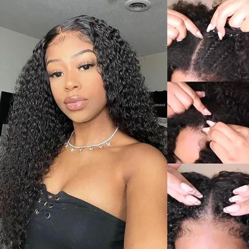 Miniatura 13 de Peluca de cabello humano rizado rizado con parte en V para mujeres negras, en forma de V, sin dejar fuera, sin pegamento, 14 pulgadas