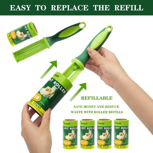 Miniatura 3 de Rodillos de pelusa para pelo de mascotas, 1 asa con 2 repuestos, 220 hojas para eliminar pelos de gatos y perros, polvo, pelusa en muebles, ropa