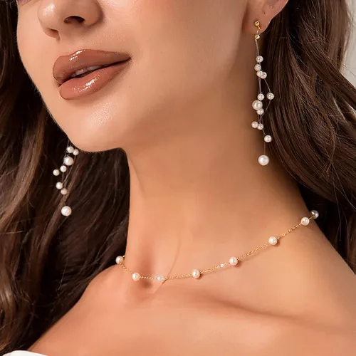 Miniatura 6 de ASCOMY Delicados collares de perlas para mujer, chapados en oro de 14 quilates, grueso, media perla, cadena de palanca, minimalista, con clip