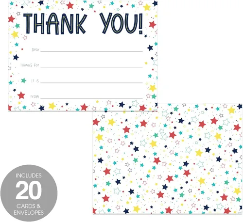 Miniatura 2 de Colorful Stars Thank You Flat Cards / 20 Gender Neutral Kids Fill In Gratitude Note Cards With White Envelopes / 4 5/8" x 6 1/4" Birthday Party