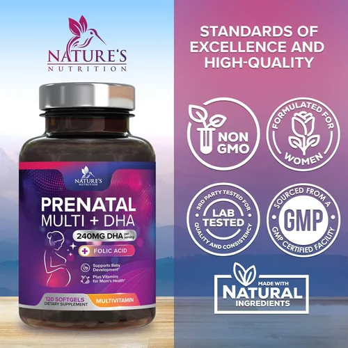 Miniatura 4 de Vitaminas prenatales con ácido fólico y DHA, apoyo al desarrollo cerebral fetal con folato y omega 3, multivitamínico prenatal para mujeres