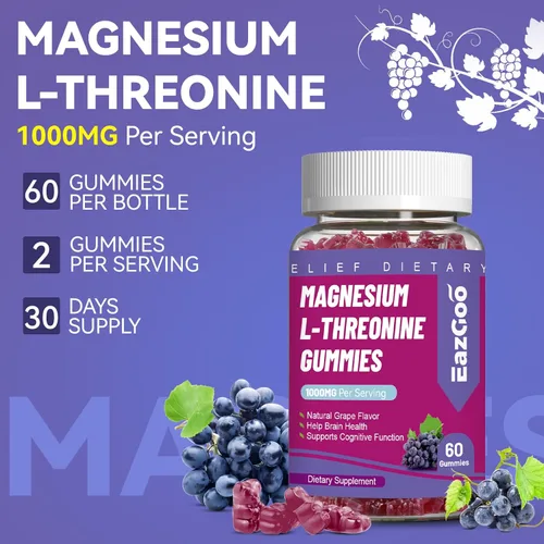 Miniatura 3 de Gomitas de treonina de magnesio de 1000 mg, gomitas de L-treonina para adultos, grandes suplementos de magnesio para el cerebro, sin OMG, sin