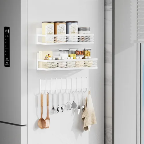Miniatura 9 de Estante magnético para especias para refrigerador, paquete de 3 estantes magnéticos para refrigerador, cesta magnética móvil se utiliza para Negro