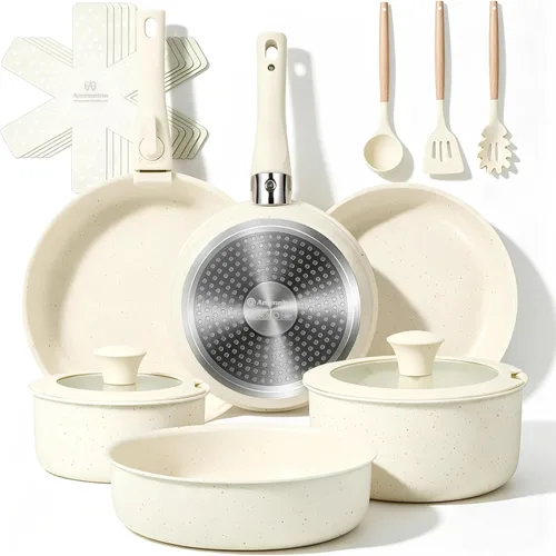 Miniatura 11 de Ammeloo Juego de utensilios de cocina de cerámica acanalada de 15 piezas, juego de ollas y sartenes antiadherentes, listo para inducción, juego