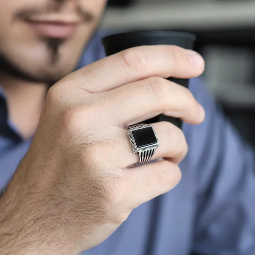 Miniatura 4 de Sterling Silver Rings for Men - Style Mens Sterling Silver Ring with Onyx Stone, Anillos Para Hombre