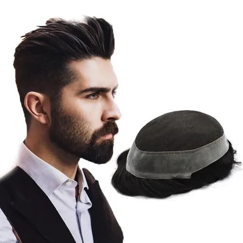 Miniatura 10 de French Lace Mens Toupee Sistema de cabello humano Toupee para hombres Pieza de cabello humano real invisible PU línea capilar natural protesis
