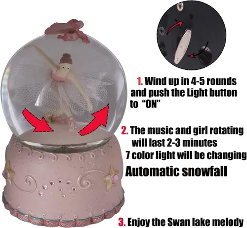 Miniatura 3 de Caja de Música de El Lago de los Cisnes con Bailarina, Luces que Cambian de Color, Bailarina Bailando Pintada a Mano, Globo de Nieve para Ballet