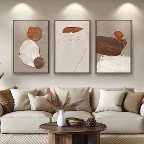 Miniatura 23 de Arte de pared abstracto neutro con marco grande para sala de estar, 3 piezas, impresiones modernas en lienzo para paredes, cuadros negros y beige