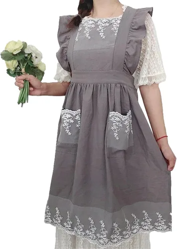 Miniatura 8 de Vibsion Delantal vintage con volantes para mujer, delantales de cocina de jardín con espalda cruzada Negro