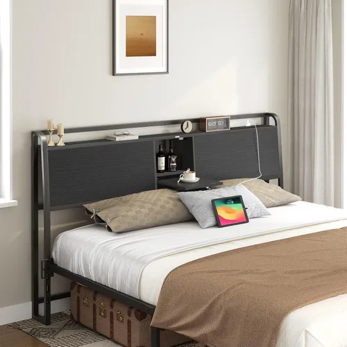 Miniatura 6 de MAHANCRIS Cabecero tamaño Queen solamente, cabecero con 4 enchufes y 4 puertos USB, cabecero industrial con puerta abatible y adaptador de marco