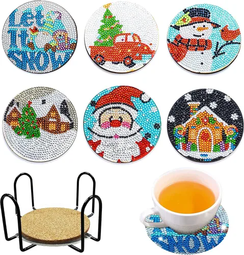 SKRYUIE Juego de 6 piezas de kits de pintura de diamante 5D para posavasos de Navidad para adultos taladro completo, kits de pintura con diamantes