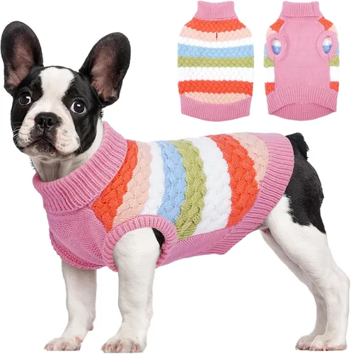 Miniatura 28 de Kuoser Suéter grande para perro, suéteres de punto de cuello alto para perros grandes, rayas coloridas, chaleco de punto para mascotas, ropa cálida