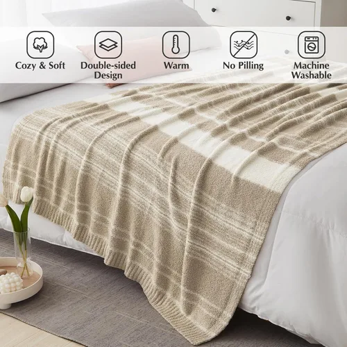 Miniatura 2 de WRENGONGE - Manta a rayas de color caqui, suave, acogedora, mullida, cálida, para sillón, sofá, cama o viajes, ligera, 50 x 70 pulgadas, regalo