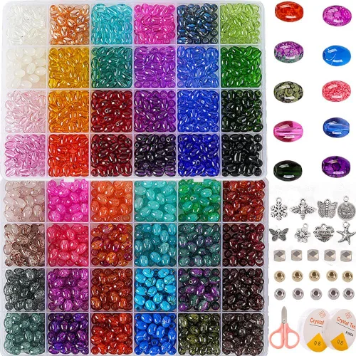 Miniatura 9 de Cuentas de vidrio para hacer joyas, 1300 piezas + 0.315 in + 0.315 in, 48 colores, cuentas redondas de cristal para hacer pulseras, kit
