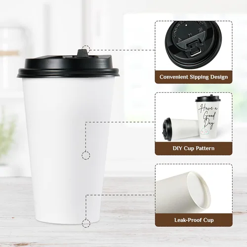 Miniatura 5 de Vplus Paquete de 500 tazas de café de papel de 16 onzas, tazas de café desechables de 16 onzas con tapas, bebida fría/caliente, para el hogar