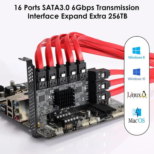 Miniatura 5 de PCle Tarjeta de expansión de controlador SATA III de 16 puertos, 6Gbps X1/X4/X8/X16, soporta 16 dispositivos SATA con cables y soporte de perfil