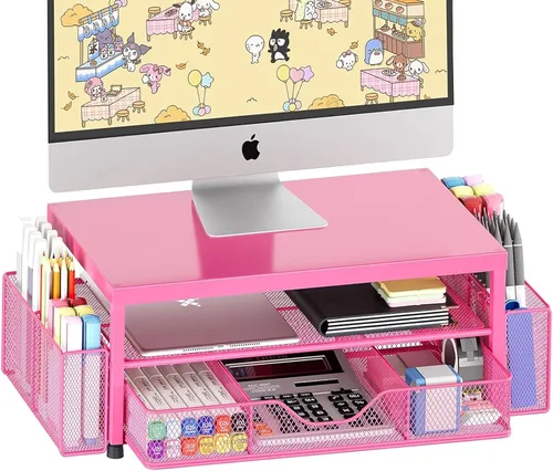 Miniatura 14 de OPNICE - Organizadores y accesorios de escritorio, con soporte de monitor de computadora de 2 niveles, cajón y 2 soportes para bolígrafos, Roble
