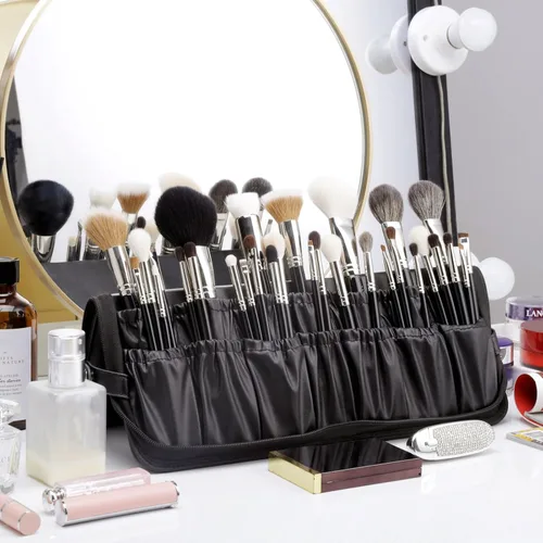 Miniatura 6 de Rownyeon - Bolsa organizadora de brochas de maquillaje profesional, estuche de cuero, bolso de mano negro portátil de viaje (solo bolsa)