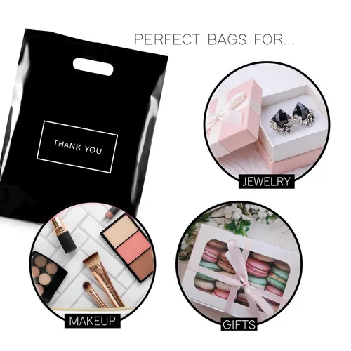 Miniatura 3 de Purple Q Crafts Bolsas de compras de plástico troqueladas con logotipo de agradecimiento de 9 x 12 pulgadas con asas, paquete de 50