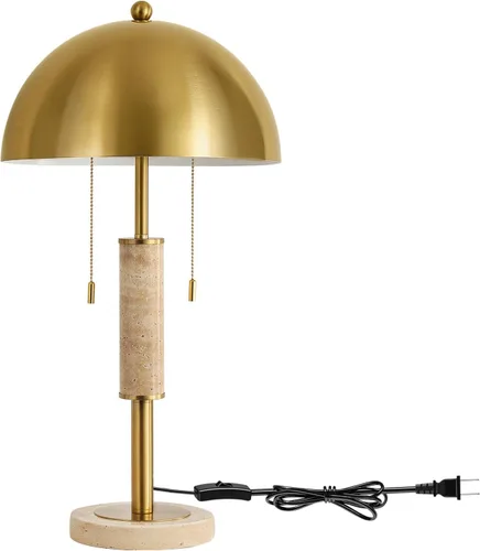 Miniatura 9 de KAISITE Juego de 2 lámparas de mesa modernas de 61 cm para sala de estar, lámpara de mesita de noche de metal dorado con travertino decorativo