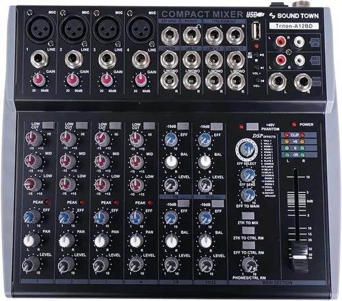 Sound Town Mezclador de audio profesional de 12 canales con interfaz USB, grabación, EQ, Bluetooth, DSP y 48V Phantom (TRITON-A12BD)