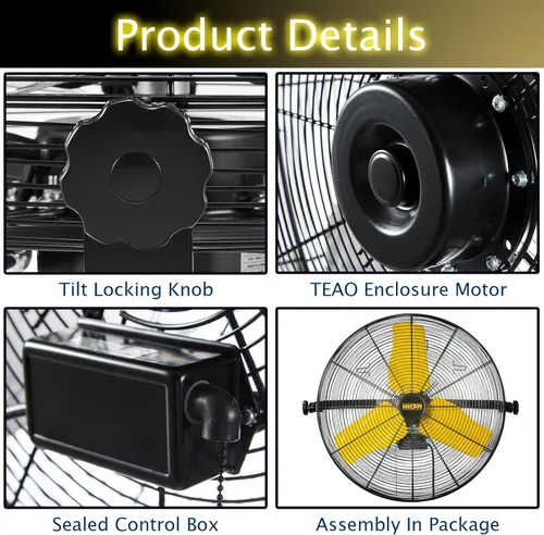 Miniatura 5 de HiCFM Ventilador industrial de pared 9100 CFM de 24 pulgadas con motor de recinto TEAO, rodamiento de bolas lubricado permanente, cable de 9 pies