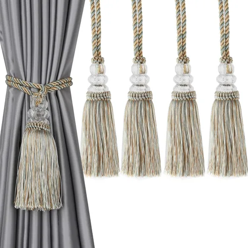 Miniatura 6 de Alzapaños de cortina con borla, alzapaños elegantes y decorativos para exteriores, lazos modernos de cuerda para ventanas con ganchos, para Beige
