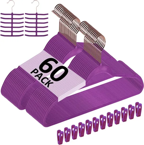 Miniatura 19 de VECELO Perchas de terciopelo de alta calidad resistentes (paquete de 60), antideslizantes y ahorran espacio con 8 clips para los dedos y soporte