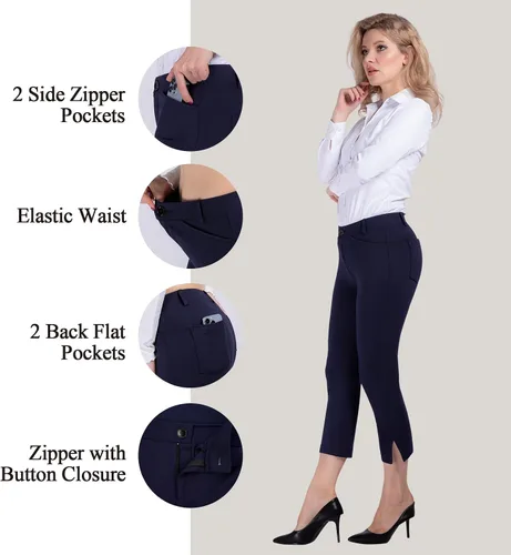 Miniatura 2 de PUWEER Pantalones capri para mujer, elegantes, casuales, elásticos, rectos con bolsillos