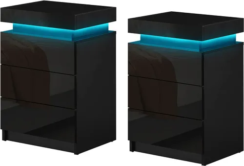 Miniatura 11 de CLIPOP Moderna mesita de noche, mesita de noche LED con 2 cajones de alto brillo, armario de mesita de noche con luz de control remoto, mesita