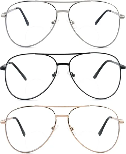 Miniatura 2 de Paquete de 3 Gafas de Lectura Bifocales para Mujeres y Hombres, Gafas Lectoras Bifocales de Aviador, Lentes de Doble Foco +2.0 3 pares: oro + plata