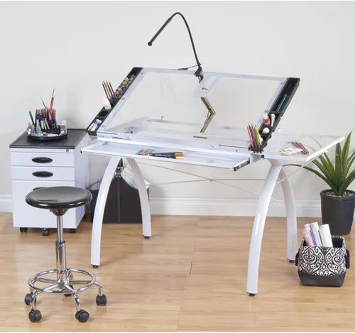 Miniatura 2 de Mesa de Dibujo y Manualidades Futura con Parte Superior de Vidrio de Seguridad Ajustable y Templado – Escritorio de Arte Moderno con Cajones