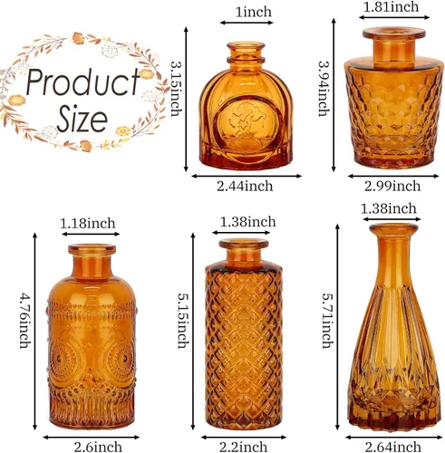 Miniatura 3 de Juego de 5 jarrones de cristal ámbar, mini jarrón para centros de mesa, jarrones pequeños de color marrón a granel para decoraciones de boda, jarrón