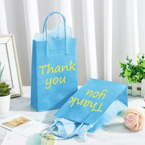 Miniatura 9 de DjinnGlory Paquete de 24 pequeñas bolsas de regalo de papel azul con asas de 9 x 5.5 x 3.15 pulgadas y 24 papel de regalo de seda para negocios