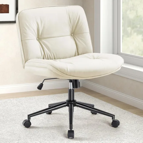 Sweetcrispy Silla de Oficina Sin Brazos con Ruedas, Silla Amplia de Piernas Cruzadas, Sillas de Computadora Ajustables y Giratorias de Cuero